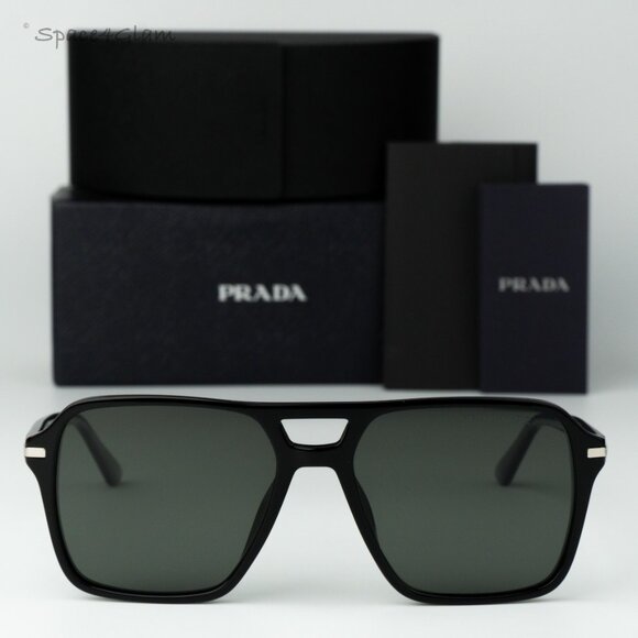 Prada Men Sunglasses Black Green Polarized Pilot PR20YS 1AB03R NEW AUTHENTIC - Picture 1 of 11